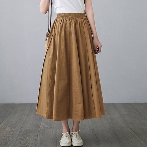 Women High Waist Casual Skirts New Arrival 2021 Summer Vintage Style Solid Color Loose Female Cotton A-line Long Skirt Big Swing
