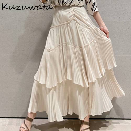 Kuzuwata Japanese Sweet Temperament Office Lady Faldas Empire Solid Ruffles Mid-Calf Skirts 2023 Spring Summer Woman Bottoms