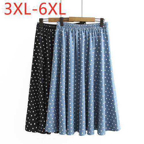 New 2021 Ladies Summer Plus Size Midi Skirt For Women Large Loose A-line Cotton Blue Black Dot Pleated Skirts 3XL 4XL 5XL 6XL