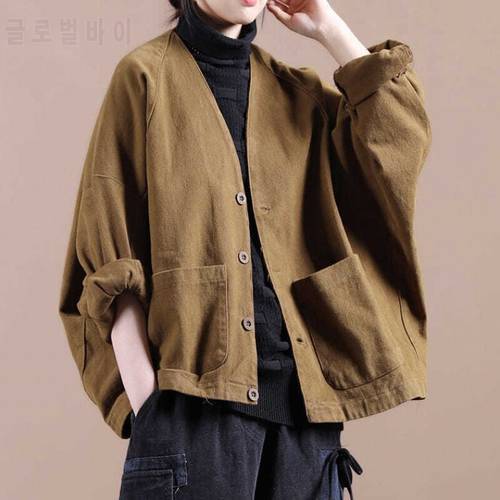 FairyNatural Ladies Retro Bat Sleeve Loose Button Coats 2021 Spring Autumn New Pockets Ladies Casual Jackets Solid Color