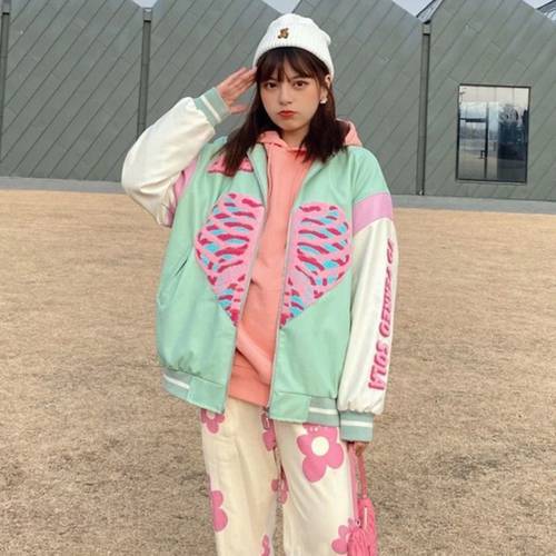 2021 Spring Fashion Heart Printing Baseball Jacket Couple Clothes Jacket Women Coat Women Korean Tops Women Oversized Jacket Hot
