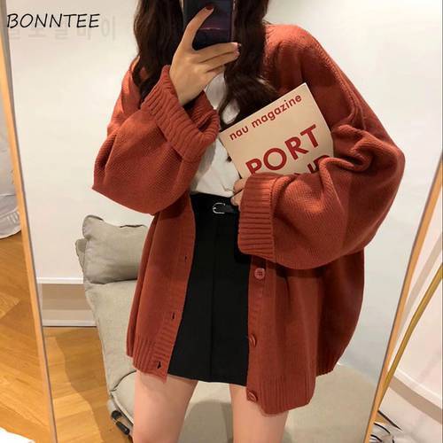 Cardigan Women Full Sleeve V-neck Solid Button Knitwear Retro Lazy Students Korean Style Fashion All-match Simple Sweater Female