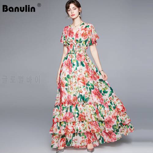 Banulin 2021 Summer Boho Maxi Dress Women Runway V-Neck Elastic Waist Ruffles Floral Print Chiffon Long Party Dress N78868