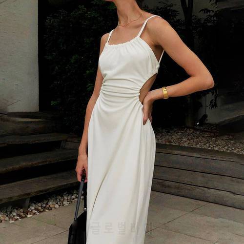 Sexy Backless Hollow Out Women&39s Sling Dress White Solid Straps Sleeveless High Waist 2021 Summer Ladies Elegant Party Dresses