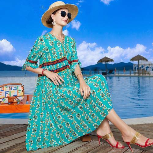 ZUOMAN Plus Size Silk Dress V-neck 2021 Summer Long Print Floral Dress Women Loose Elegant Casual Beach Dresses Half sleeve