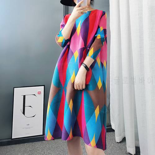 Fashion Vintage Geometric Print Miyak Pleated Spring Summer Round Neck Loose A-line Dress for Women Casual Clothing Female