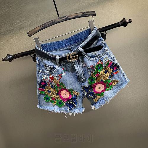 Sequined Denim Shorts Women Summer Embroidered Raw Edge All-match Wide-leg Hot Pants Lady