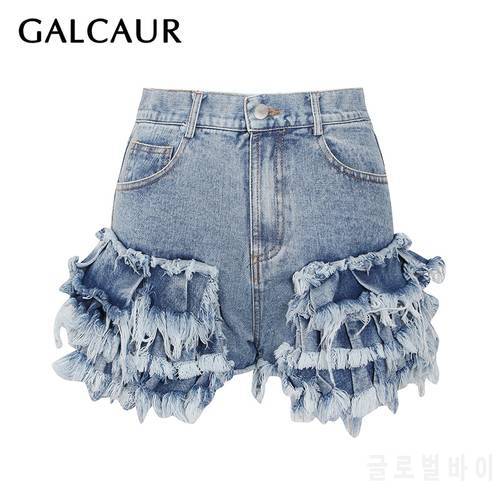 GALCAUR Designer Denim Shorts For Women High Waist Patchwork Tassels Asymmetric Blue Casual Short Pants Female 2022 Summer