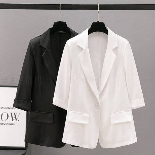 New Women&39s Jacket Slim Blazer Casual Notched Collar 3/4 Sleeve Female Coat Summer Thin Retro Blazers Women Outerwear Coat 4XL