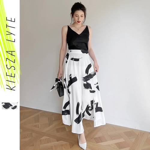 Women White Print Midi Skirt 2020 Spring Summer Elegant Elastic High Waist A line Skirts Female Faldas Mujer Moda