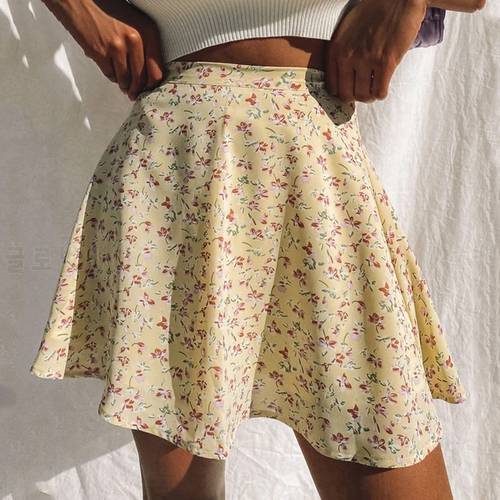 Summer new women&39 floral print skirt high waist umbrella mini skirt Female invisible zipper chiffon print short skirt women 2022