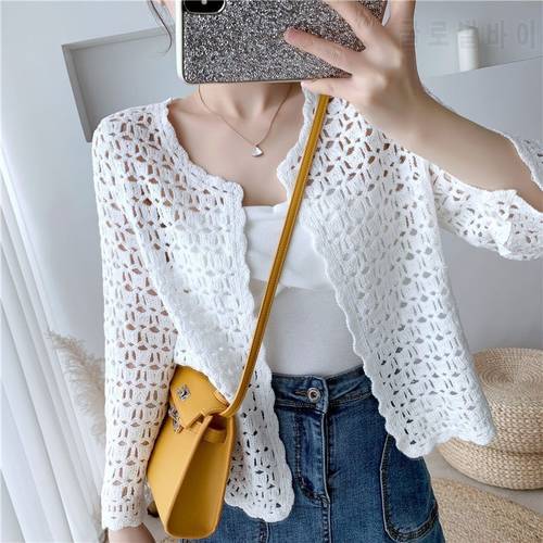 Spring Autumn Cotton Shawl Air-conditioning Shirt Hollow Crochet Short Lace Sun Protection Clothing Knitted Cardigan Jacket Y253