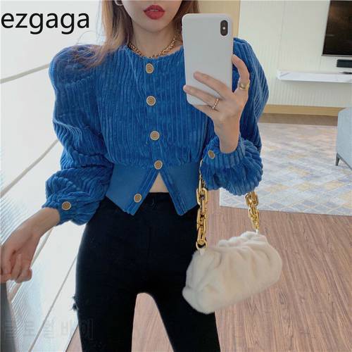 Ezgaga Streetwear Jacket Women 2021 Spring Fashion Corduroy Outwear Single Breasted Solid Puff Sleeve Crop Tops Elegant Coats