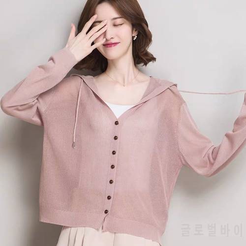 2023 New Fashion Knit Cardigan Jacket Women Hooded Tops short Long Sleeve Thin Coat Solid Button Female Sun Protection Clothing