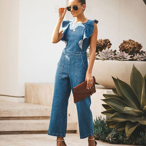 New Fashion Spring Summer Lace Up One Piece Rompers Women Sexy Backless Light Blue Ladies Party Jumpsuit Straight Pants 2020