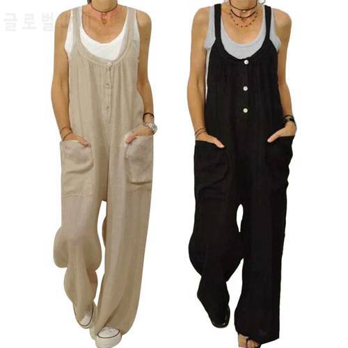 80% HOT SALES！！！Women Solid Color Buttons Pockets Cotton Linen Jumpsuit Bib Overall Dungarees