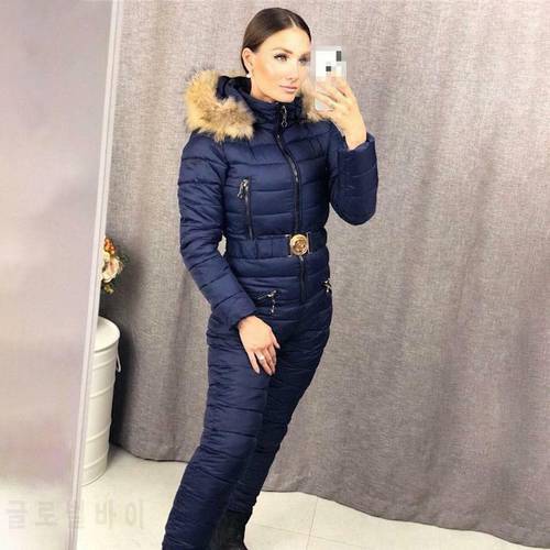 New Fashion Winter Women&39s Hooded Jumpsuits Parka Cotton Padded Warm Sashes Ski Suit Straight Zipper One Piece Casual Tracksuits