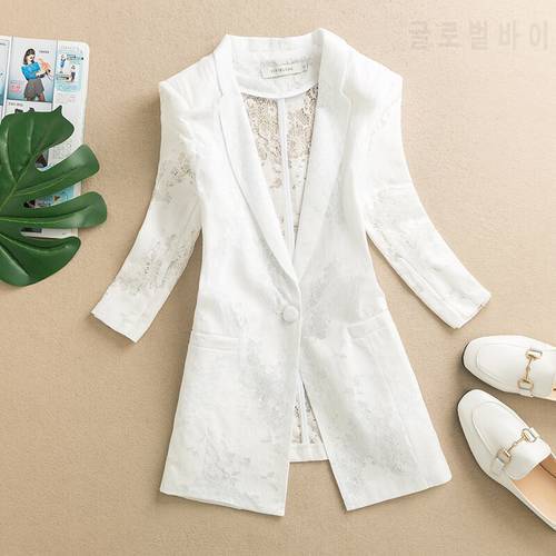 Women&39s Lace Blazer Solid Notched Three Quarter Sleeve Slim Single Button Ladies Casual Suit Thin Pockets Outwear for Female