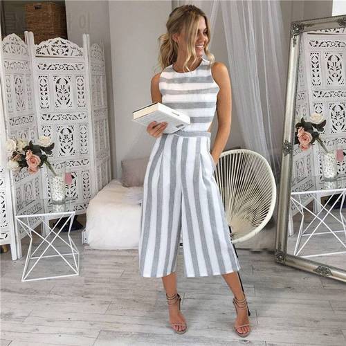 2018 Summer Fall Women Casual Striped Overalls Loose Calf Length Girl expose Waist Vertical Sleeveless Backless jumpsuit Rompers