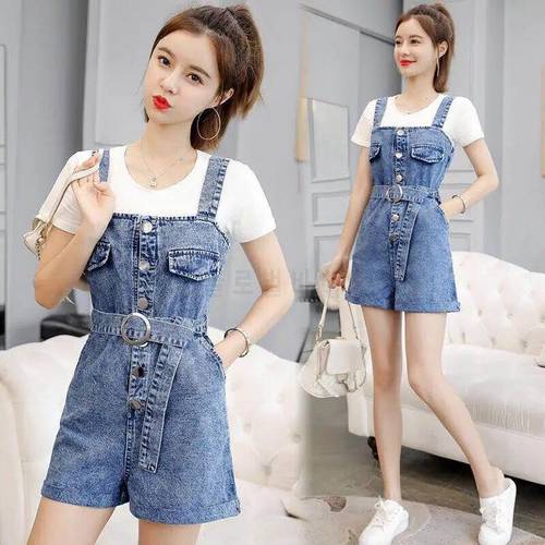 Fashion Women Denim Jumpsuit Ladies Summer Fashion Loose Jeans Rompers Schoolgirl Casual Sleeveless Overalls Two-piece Set Y40