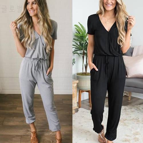 Elegant V Neck Casual Jumpsuits 2021 Summer Rompers Womens Jumpsuit Cotton Bandage Short Sleeve High Waist Straight Office Wear