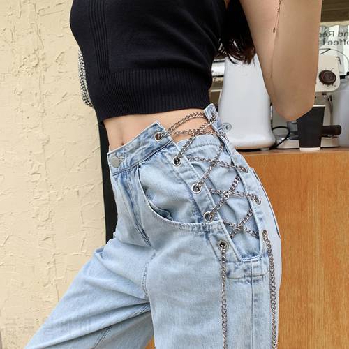 Meqeiss 2022 New Spring autumn high quality harajuku high waist with Chain design jeans woman leisure streetwear hip hop pants