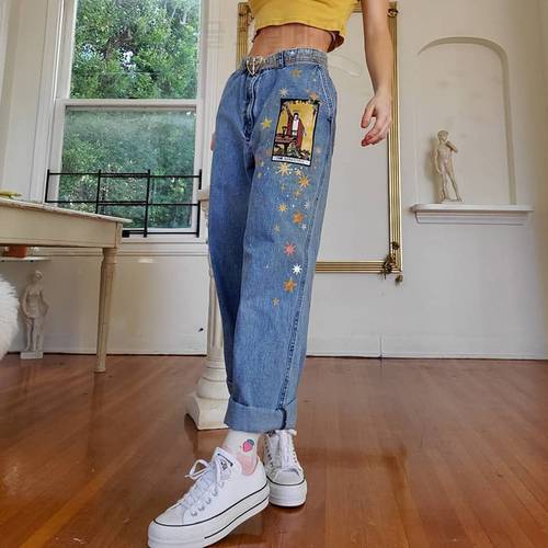 Indie Aesthetic Jeans Women Loose Baggy Mom Jeans 2021 New Casual Fashion People Print Denim Pants Womens All Match Clothes Y2k