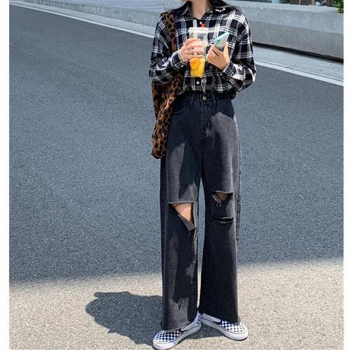 Woman Jeans Ripped High Waist Clothes Wide Leg Denim Clothing Black Streetwear Vintage 2021 Fashion Harajuku Straight Pants