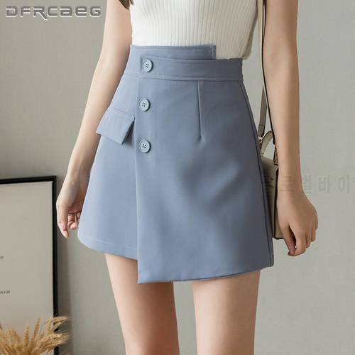 Summer Asymmetric Mini Womens Skirt With Button 2021High Waist Casual Work Wear Short Skirts Female Light Blue