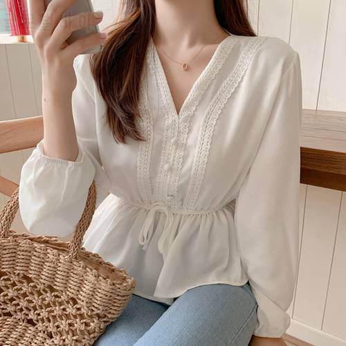 shintimes V-Neck White Blouse Sashes Casual Woman Clothes 2022 Fall Lace Long Sleeve Shirt Women Blouses Shirts Chemisier Femme