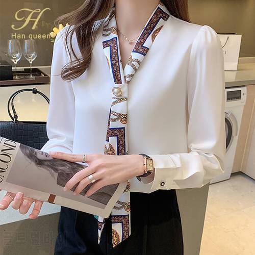 H Han Queen Spring Chiffon Simple Office Lady Blouse Female Shirt Bow Tops Long Sleeve Casual Korean OL Loose Blouses Women