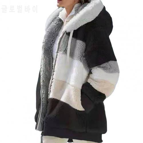 Fashion Jacket Women Autumn Winter Long Sleeve Color Block Zipper Fluff Hooded Women Warm Coat Jacket 2021