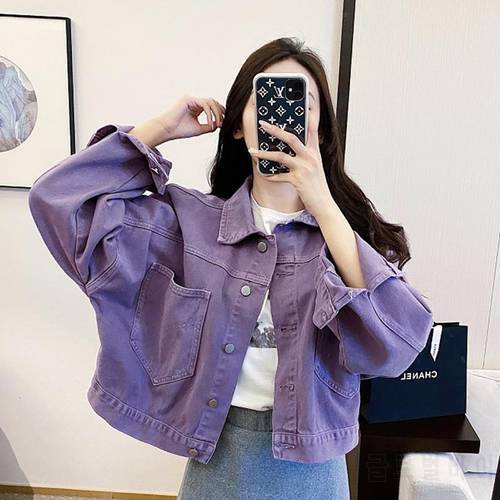 2021 New Fashion Women Purple Casual Denim Jacket Ladies Spring and Autumn New Jackets Popular Ladies Short Top Solid Color Coat