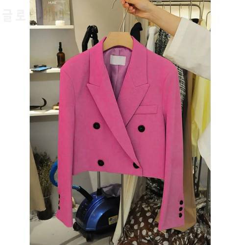 2021 autumn new casual British wind small suit jacket women&39s double-breasted short suit top short blazer Button Polyester