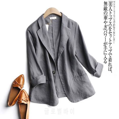 Suit Blazer Basic Cotton Linen Three Quarter Single Button Women&39s Jacket Spring 2022 Korean Fashion Casual Short Jackets Coat