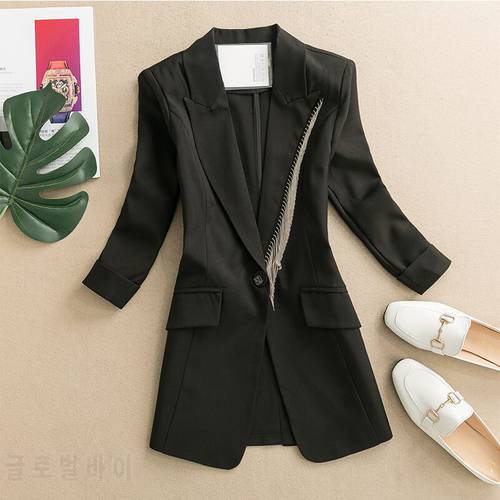 Women&39s Beading Long Blazer Three Quarter Sleeve Notched Slim Solid Office Lady Suit Pockets Single Button Outwear for Female