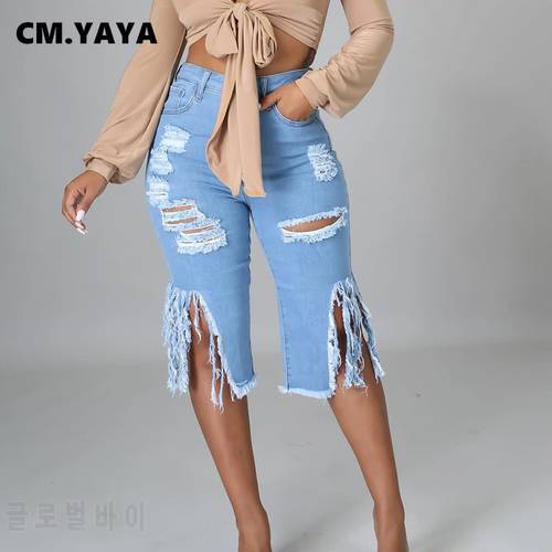 CM.YAYA Women Jeans Hole Ripped Tassle Low Waist Elastic Flare Knee Length Denim Pants Sexy Fashion High Street Trousers 2021
