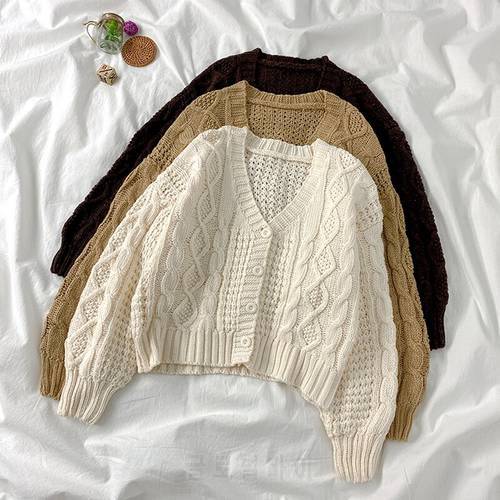 Autumn Winter Korean Harajuku Sweaters Women Simple All-match Chic V Neck Lantern Sleeve Solid Color Loose Knitted Cardigan Tops
