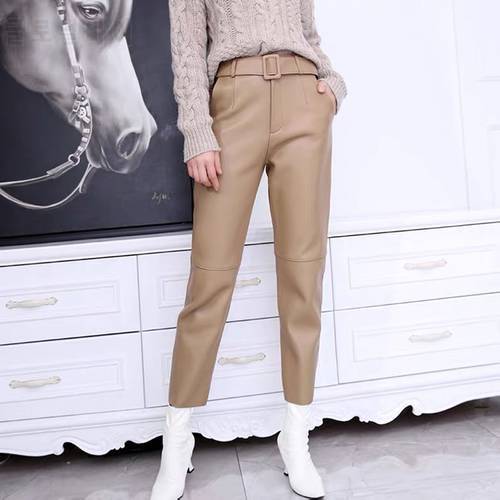 Trousers Women 2022 Korean Style Genuine Leather High Waist Pants Women Pencil Pants Ladies With Belt Office Ladies