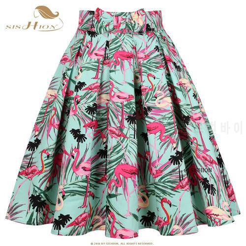 SISHION Flamingo Printed Cotton Green Vintage Skirt SS0012 Korean Bow Retro Punk Rockabilly Pleated Skirts Women ropa mujer