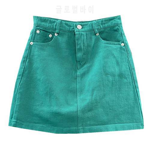 Korean women&39s 2021 new spring/summer high waist pocket hip skirt Candy-colored slim A denim skirt COTTON Casual