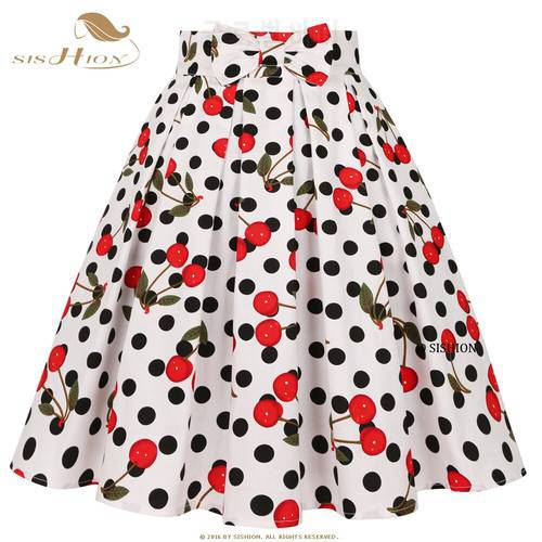 SISHION Women Y2K Polka Dots Print White Cherry Skirt SS0012 With Pockets Summer 50s Vintage Cotton Retro Pleated Midi Skirt