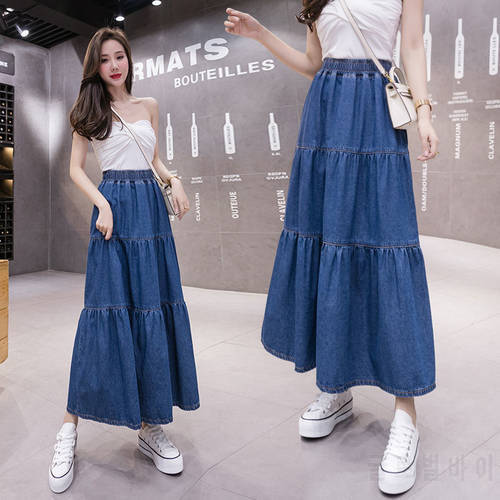 Denim Long Skirt Women 2021 Summer New Korean Style Elastic High Waist Solid Patchwork A Line Midi Skirt Jean Skirts