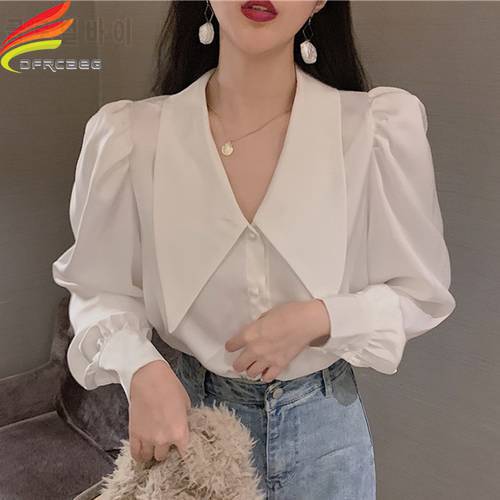 Long Puff Sleeve Sweet Blouse Women 2022 Spring New Arrivals Gray White Turn-down Collar Satin Women Blouses And Shirts Hot Sale