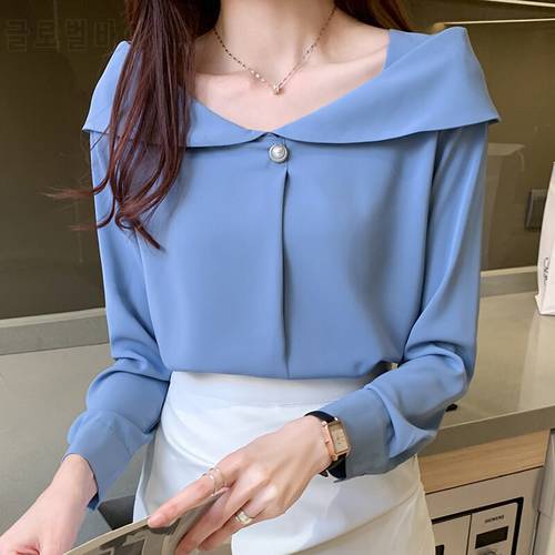 Korean Chiffon Women Blouses Women Long Sleeve Shirts Woman Slash Neck Blouse Blue FashionLadies Tops Woman Beading Shirt Top OL