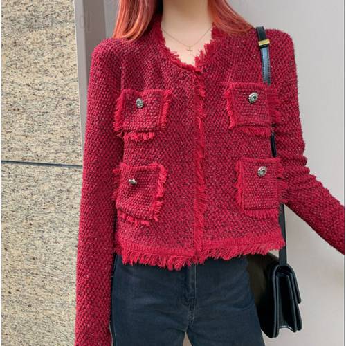 Red Tweed Jackets Coat O-Neck Long Sleeve Tassel Plaid Sequins Autumn Winter Jacket Elegant Vintage Outwear Pockets 2020 B245