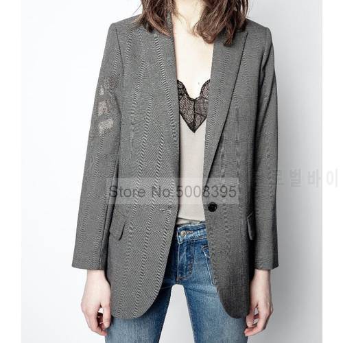 2021SS Woman Grey Checked Blend Blazer Long Sleeves with Strass Rhinestone Stamping Single Button Flap Pockets
