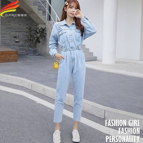 Spring 2020 Women Long Sleeve Jeans Denim Jumpsuit Streetwear Elastic Waist Jeans Rompers Blue Or Sky Blue Outfit Overalls