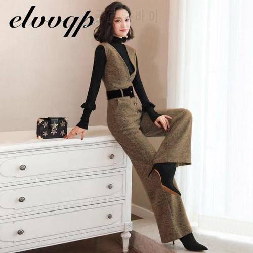 Spring Womens Woolen Overalls Woolen Vest Jumpsuit For Office Lady Elegant Business Suit Wide Leg Pants Women Fashion Clothing