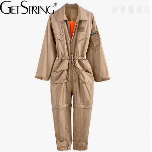 Getspring Women Jumpsuit Drawstring Hollow Out Casual Rompers Summer Womens Jumpsuit Irregular Vintage Khaki 2020 New